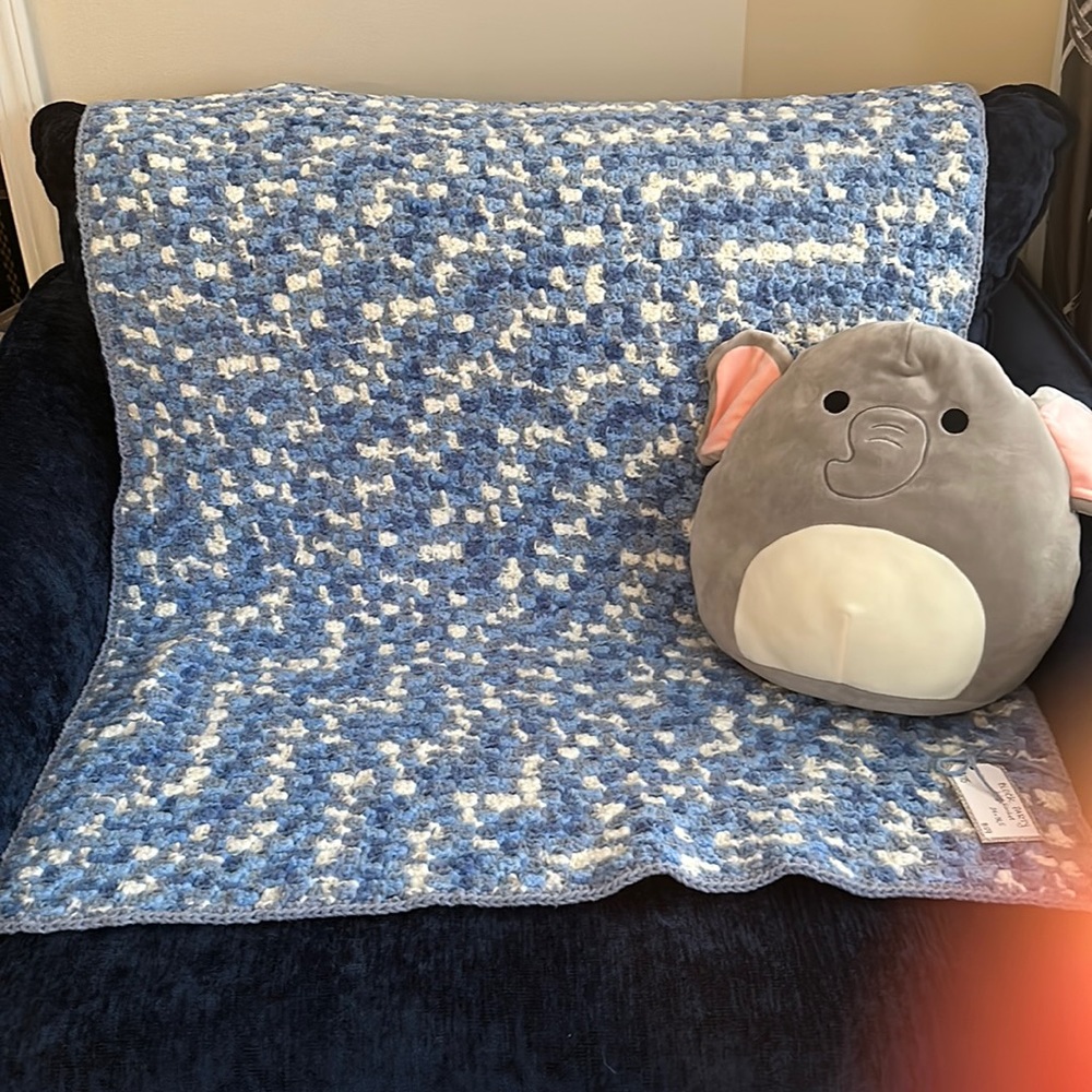NEW handmade crochet baby blanket blue multi 34”x38.5”